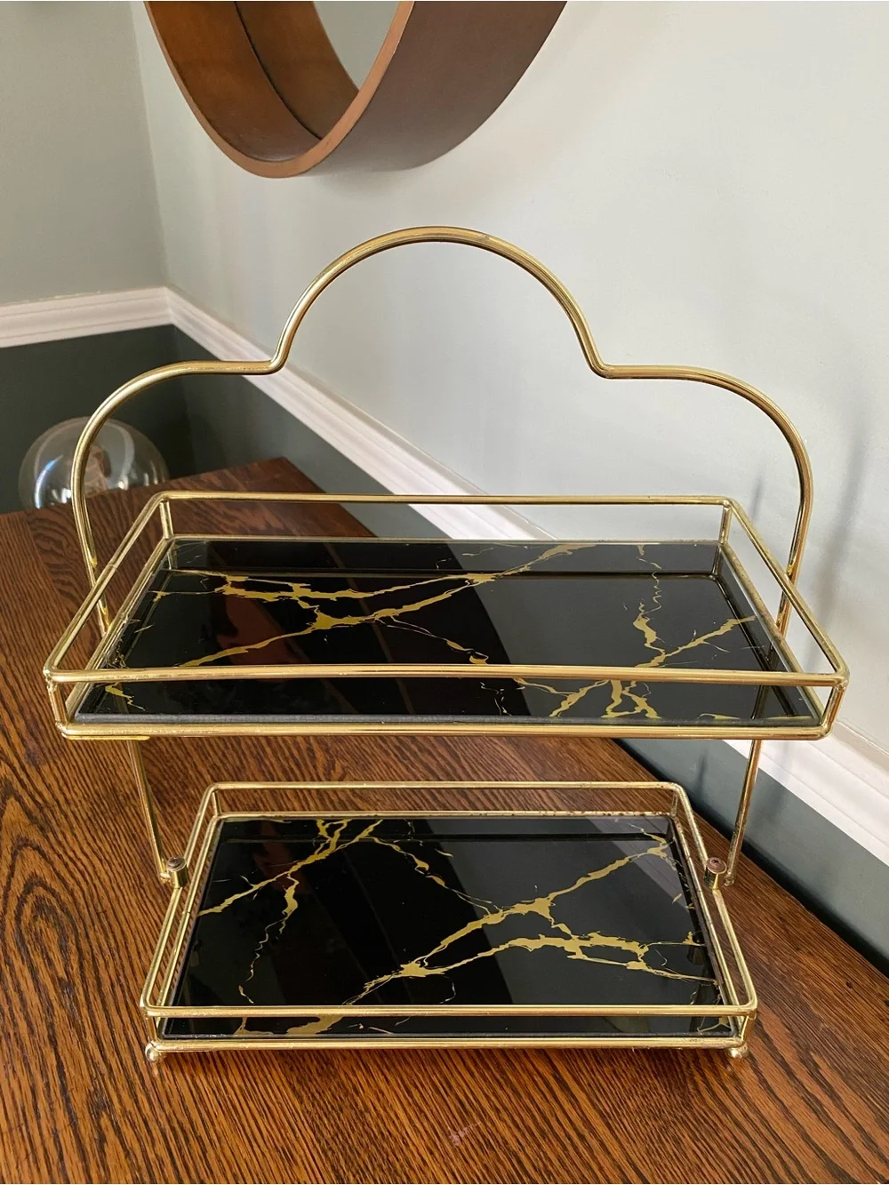 2 Tier Black and Gold Vanity Tray Makeup Jewelry Display 80s 90s Style